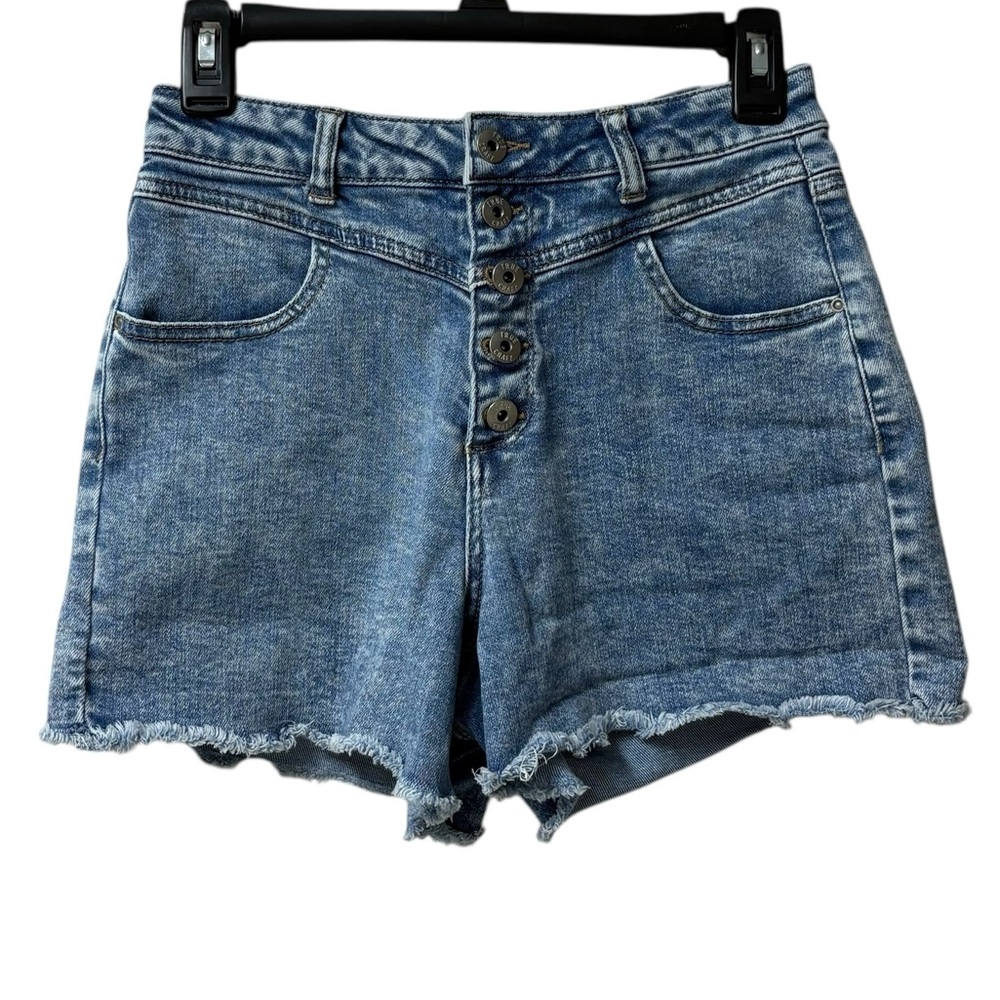 True Craft Button Fly Frayed Hem Denim Jean Acid Wash Americana Juniors Shorts 9